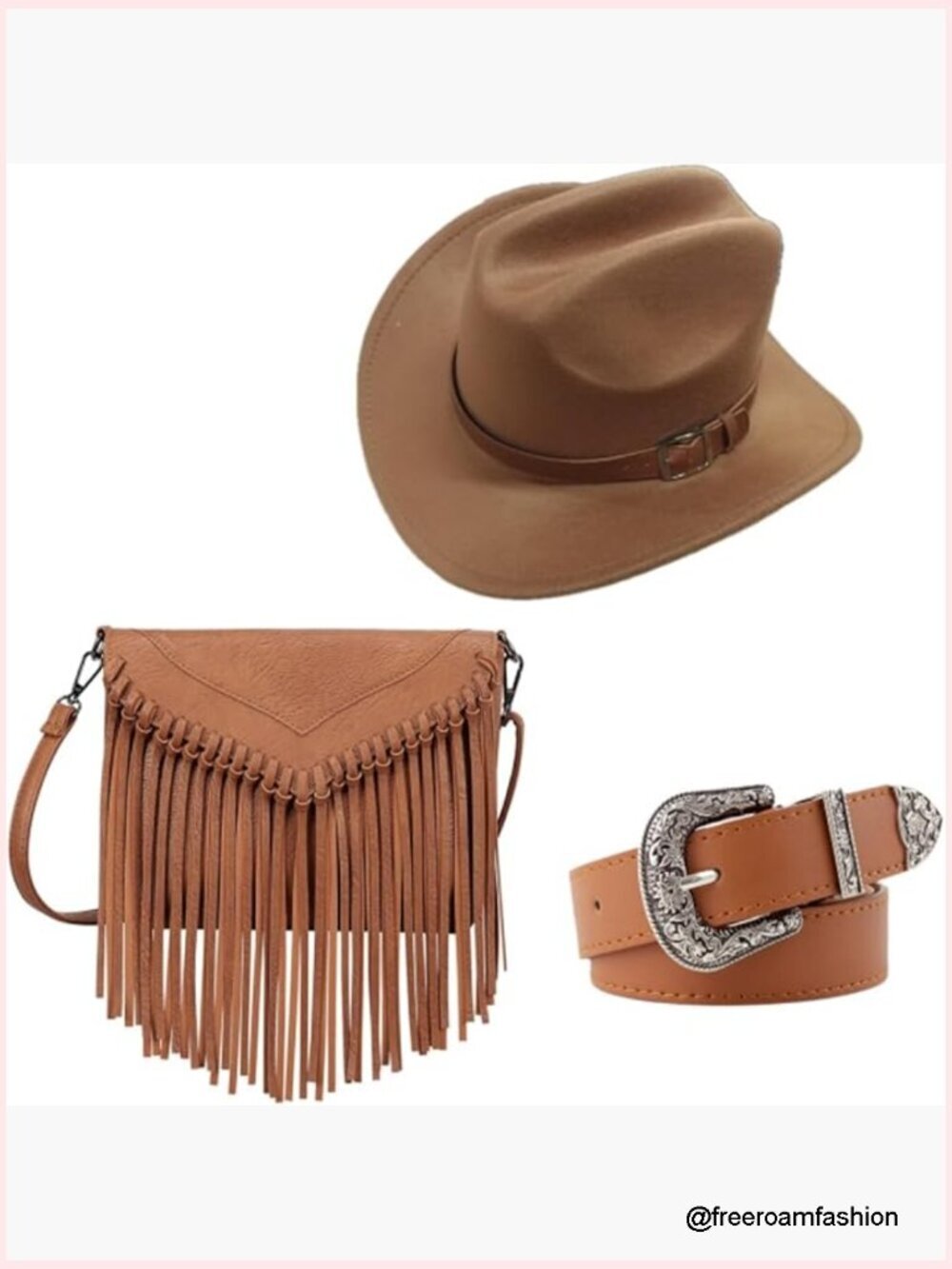 3 Piece Cowgirl Outfit Set Hat Crossbody Bag Belt